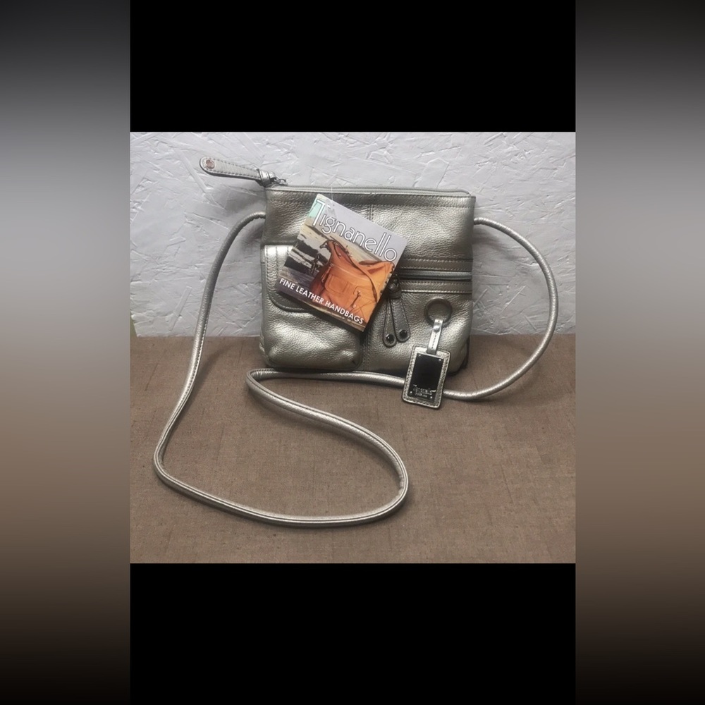 New Tignanello Hands Free Crossbody Organizer Purse with Keychain Silver Leather